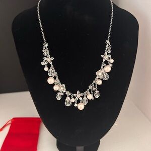 Jill Stuart Elegant Silver Flower and Pearl Rhinestone Necklace